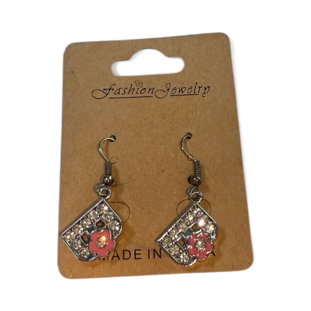 Pink Flower “B” Initial Dangle Earrings